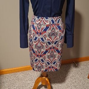 Ann Taylor Navy, Red and Cream Paisley Pencil Skirt